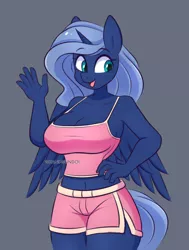 Size: 1246x1650 | Tagged: safe, artist:handgunboi, derpibooru import, princess luna, alicorn, anthro, pony, belly button, breasts, busty princess luna, cleavage, clothes, eyebrows, eyebrows visible through hair, female, gray background, horn, image, jpeg, looking at you, mare, open mouth, open smile, shorts, sideboob, simple background, smiling, smiling at you, solo, spread wings, tail, tanktop, wings