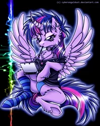 Size: 1111x1400 | Tagged: safe, artist:mechanakal, derpibooru import, twilight sparkle, alicorn, pony, 3ds, abstract background, annoyed, big eyelashes, black background, choker, clothes, curved horn, cutie mark accessory, cutie mark necklace, ear piercing, fluffy, game console, glow, horn, horn piercing, image, jewelry, mouth hold, necklace, nintendo, panties, piercing, png, shirt, signature, simple background, sitting, sock, solo, spiky mane, spread wings, style emulation, stylus, text, underhoof, underwear, unshorn fetlocks, wings
