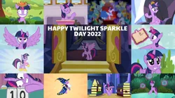 Size: 1972x1109 | Tagged: safe, derpibooru import, edit, edited screencap, editor:quoterific, screencap, twilight sparkle, twilight sparkle (alicorn), alicorn, bird, earth pony, pegasus, pony, unicorn, a trivial pursuit, equestria games (episode), hearts and hooves day (episode), lesson zero, luna eclipsed, made in manehattan, magic duel, non-compete clause, princess twilight sparkle (episode), season 1, season 2, season 3, season 4, season 5, season 6, season 8, season 9, the best night ever, top bolt, twilight's kingdom, winter wrap up, spoiler:s08, spoiler:s09, 2022, book, clothes, crown, dress, eyes closed, female, floppy ears, gala dress, grin, image, jewelry, magic, male, mare, messy hair, open mouth, open smile, png, regalia, school of friendship, shrunken pupils, smiling, spread wings, stallion, star swirl the bearded costume, starry eyes, telekinesis, text, twilight sparkle day, twilight's castle, unicorn twilight, wingding eyes, wings