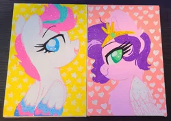 Size: 1881x1330 | Tagged: safe, artist:littleblackraencloud, derpibooru import, pipp petals, zipp storm, pegasus, pony, abstract background, bust, colored pupils, duo, g5, image, jpeg, portrait, profile, smiling, traditional art