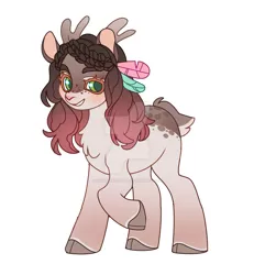 Size: 1280x1383 | Tagged: safe, artist:kusacakusaet, derpibooru import, oc, unofficial characters only, pony, antlers, chest fluff, deviantart watermark, grin, image, jpeg, obtrusive watermark, raised hoof, simple background, smiling, solo, watermark, white background