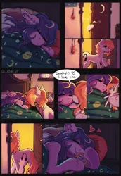 Size: 1170x1697 | Tagged: safe, artist:rament, derpibooru import, oc, oc:sophie hoofington, oc:star silk, earth pony, pegasus, pony, bed, bedroom, comic, female, i love you, image, jpeg, kiss on the cheek, kissing, love, magic, mare, plushie, sleeping, sneaking