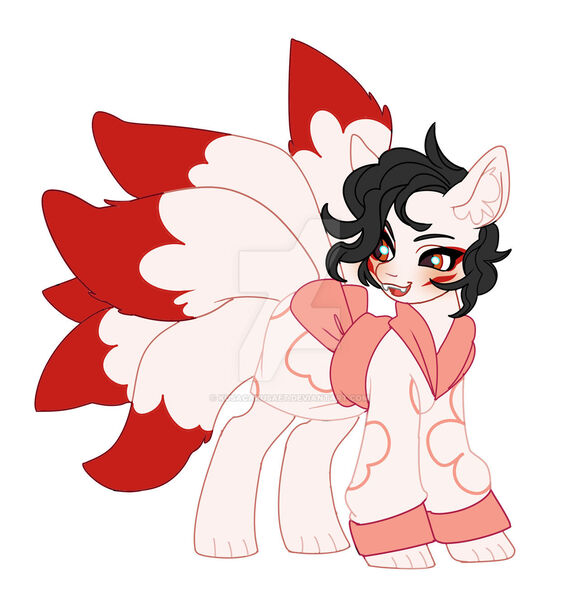 Size: 1280x1327 | Tagged: safe, artist:kusacakusaet, derpibooru import, oc, unofficial characters only, original species, pony, clothes, deviantart watermark, ear fluff, image, jpeg, kimono (clothing), kitsune, kitsune pony, looking back, multiple tails, obtrusive watermark, simple background, solo, tail, watermark, white background