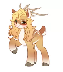 Size: 1280x1464 | Tagged: safe, artist:kusacakusaet, derpibooru import, oc, unofficial characters only, deer, pony, antlers, blushing, cloven hooves, deer oc, deviantart watermark, image, jpeg, non-pony oc, obtrusive watermark, raised hoof, simple background, solo, watermark, white background