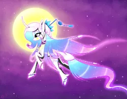 Size: 2465x1929 | Tagged: safe, artist:questionmarkdragon, derpibooru import, oc, unofficial characters only, pony, unicorn, ethereal mane, female, full moon, horn, image, levitation, magic, mare, moon, png, raised hoof, solo, starry mane, telekinesis, unicorn oc, unshorn fetlocks