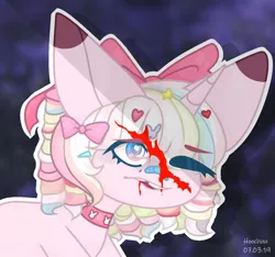 Size: 1280x1200 | Tagged: semi-grimdark, artist:hoochuu, derpibooru import, oc, unofficial characters only, pony, unicorn, abstract background, blood, bow, bust, choker, commission, eyelashes, hair bow, horn, image, jpeg, one eye closed, solo, spiked choker, unicorn oc, wink, ych result
