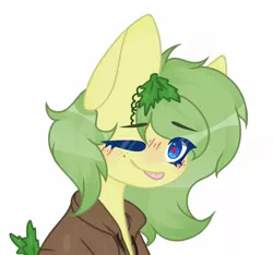 Size: 1280x1200 | Tagged: safe, artist:hoochuu, derpibooru import, oc, unofficial characters only, earth pony, pony, :p, blushing, clothes, commission, ear fluff, earth pony oc, image, jpeg, one eye closed, simple background, solo, tongue out, white background, wink, ych result