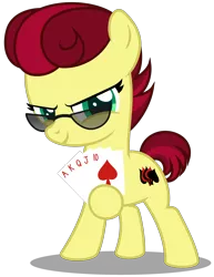 Size: 2590x3350 | Tagged: safe, artist:strategypony, derpibooru import, oc, oc:aces high, unofficial characters only, pony, accessory, ace of spades, card, female, filly, foal, glasses, hoof hold, image, looking at you, missing accessory, playing card, png, poker, simple background, smiling, smiling at you, transparent background