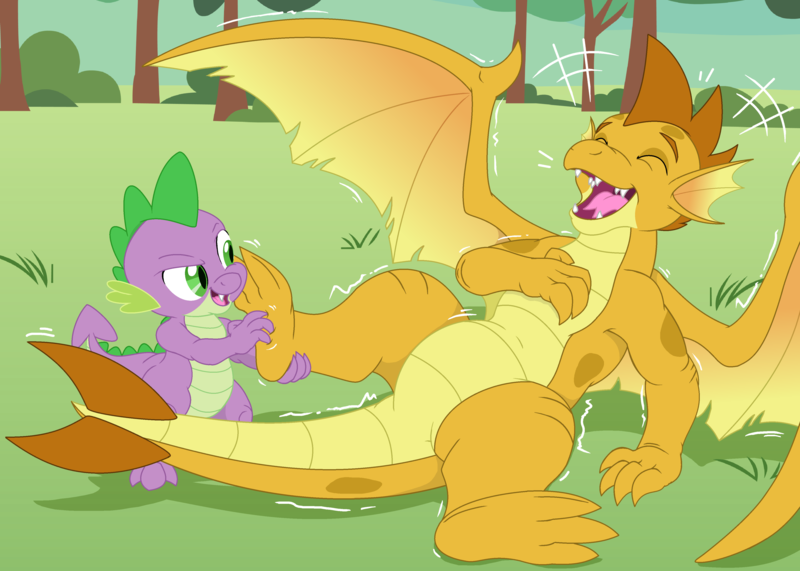 Size: 4200x3000 | Tagged: safe, artist:yipthecoyotepup, derpibooru import, spike, oc, oc:topaz, dragon, belly, dragon oc, evil grin, eyes closed, feet, foot tickling, grin, high res, image, laughing, lying, non-pony oc, open mouth, paws, png, smiling, spread wings, tickling, wings