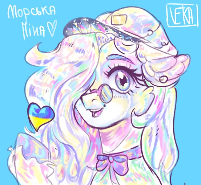 Size: 2539x2332 | Tagged: safe, artist:vetka, derpibooru import, oc, oc:морська піна, blue background, cute, cyrillic, female, glasses, hat, heart, image, jpeg, mole, simple background, solo, ukraine, ukrainian