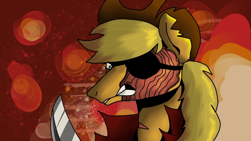 Size: 3840x2160 | Tagged: grimdark, artist:mandumustbasukanemen, derpibooru import, applejack, angerjack, angry, atg 2022, burned, eyepatch, fire, friendship is tragic (obabscribbler), image, jpeg, knife, newbie artist training grounds, scarred