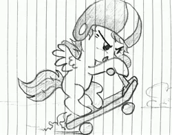 Size: 3500x2754 | Tagged: safe, artist:mandumustbasukanemen, derpibooru import, scootaloo, pegasus, pony, atg 2022, fast, female, filly, foal, helmet, image, jpeg, lined paper, newbie artist training grounds, pencil drawing, scooter, solo, traditional art