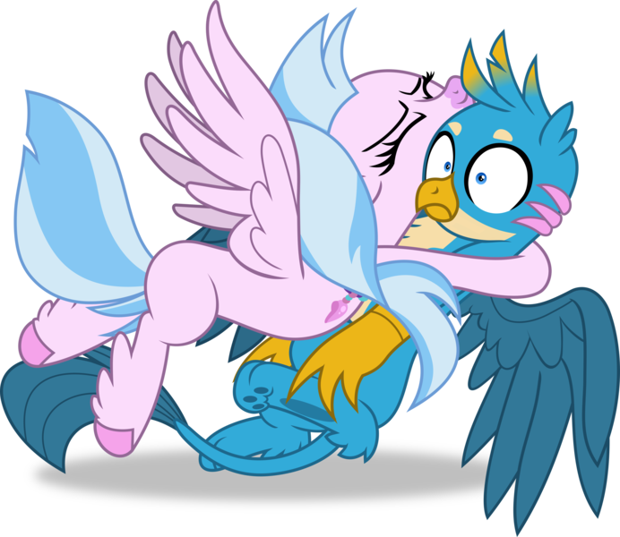 Size: 3266x2832 | Tagged: safe, artist:frownfactory, derpibooru import, gallus, silverstream, gryphon, hippogriff, what lies beneath, do not want, eyes closed, female, hug, image, male, png, silverstream hugs gallus, simple background, transparent background, vector, wings