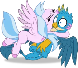 Size: 3266x2832 | Tagged: safe, artist:frownfactory, derpibooru import, gallus, silverstream, gryphon, hippogriff, what lies beneath, do not want, eyes closed, female, hug, image, male, png, silverstream hugs gallus, simple background, transparent background, vector, wings