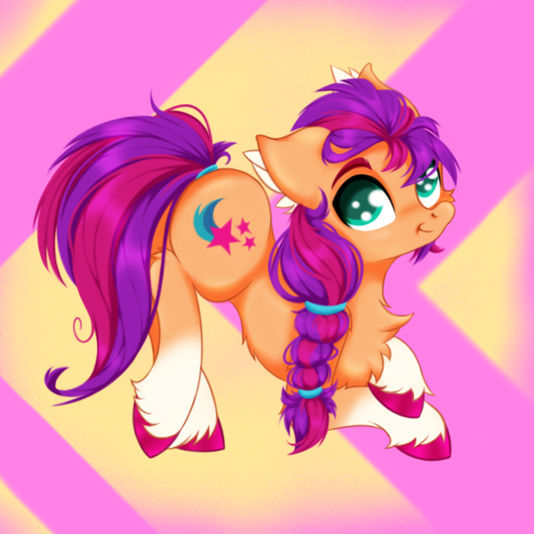 Size: 2500x2500 | Tagged: safe, artist:rurihal, derpibooru import, sunny starscout, earth pony, pony, abstract background, chest fluff, coat markings, ear fluff, g5, image, leg fluff, looking at you, png, simple background, socks (coat marking), unshorn fetlocks