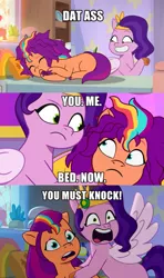 Size: 567x956 | Tagged: suggestive, derpibooru import, edit, edited screencap, editor:secretbronyx, screencap, pipp petals, sunny starscout, earth pony, pegasus, pony, my little pony: a new generation, my little pony: tell your tale, nightmare roommate, spoiler:g5, spoiler:my little pony: tell your tale, spoiler:tyts01e04, spoiler:tyts01e14, spoiler:tyts01e21, 2d, :<, alicorn issues, bed, bed mane, caption, duo, duo female, eyes closed, female, femdom, frown, g5, grin, headband, image, image macro, implied lesbian, implied sex, implied shipping, implied sunnypipp, indoors, jewelry, mare, meme, messy mane, my bananas, open mouth, out of context, png, regalia, sad, scared, screaming, shrunken pupils, smiling, spread wings, text, the ass was fat, vulgar, wings, you. me. x. now.