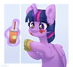 Size: 2350x2160 | Tagged: safe, artist:ev04ka, artist:ev04kaa, derpibooru import, twilight sparkle, twilight sparkle (alicorn), alicorn, pony, twilight time, burger, drink, eating, female, food, hay burger, image, magic, mare, messy eating, png, rcf community, simple background, soda, solo, starry eyes, that pony sure does love burgers, twilight burgkle, wingding eyes