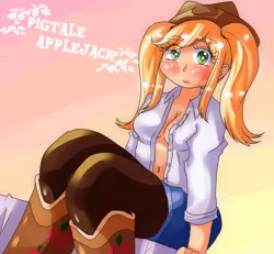 Size: 1109x1023 | Tagged: suggestive, artist:araiiara123, derpibooru import, applejack, equestria girls, alternate hairstyle, belly button, image, jpeg