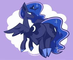 Size: 3000x2500 | Tagged: suggestive, artist:mythabyss, derpibooru import, princess luna, alicorn, pony, butt, female, horseshoes, image, jpeg, looking at you, looking back, looking back at you, moonbutt, purple background, simple background, solo, solo female, spread wings, the ass was fat, wings