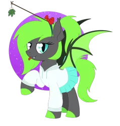 Size: 1545x1626 | Tagged: safe, artist:dyonys, derpibooru import, oc, oc:daisy(ponytown), unofficial characters only, bat pony, pony, bat wings, bow, clothes, cloven hooves, fangs, female, green hair, green tail, hair bow, hairband, hoodie, image, mare, mistletoe, png, raised hoof, simple background, skirt, spread wings, stick, tail, tongue out, transparent background, white background, wings