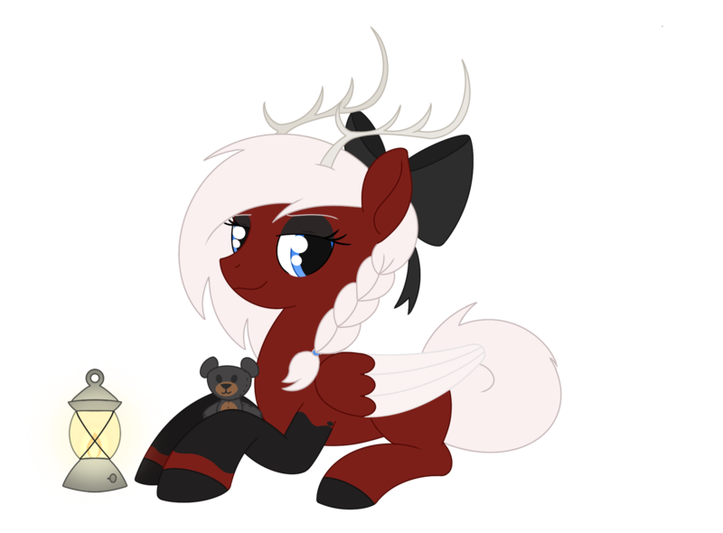 Size: 2048x1510 | Tagged: safe, artist:dyonys, derpibooru import, oc, oc:amy(ponytown), original species, pegasus, pony, antlers, bow, braid, colored wings, eyeshadow, female, hair bow, image, lantern, lying down, makeup, mare, plushie, png, prone, simple background, tail, teddy bear, transparent background, white hair, white tail, wings