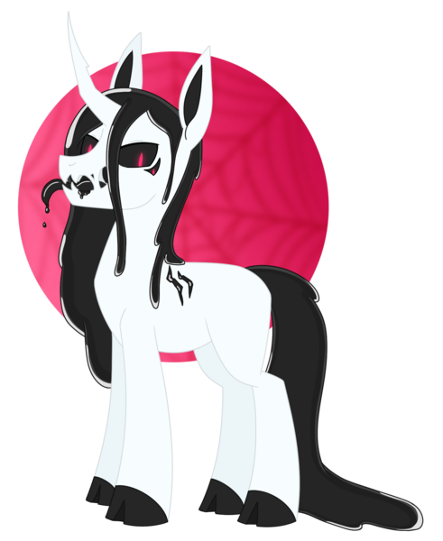 Size: 1665x2033 | Tagged: safe, artist:dyonys, derpibooru import, oc, oc:neebee(tenebris), monster pony, original species, pony, black saliva, black sclera, cloven hooves, crooked horn, curved horn, dripping, drool, fangs, horn, image, long ears, looking at you, male, png, red eyes, scar, sharp teeth, simple background, slime, smiling, spider web, stallion, standing, tail, teeth, tongue out, transparent background, wet, wet mane, wet tail, white background