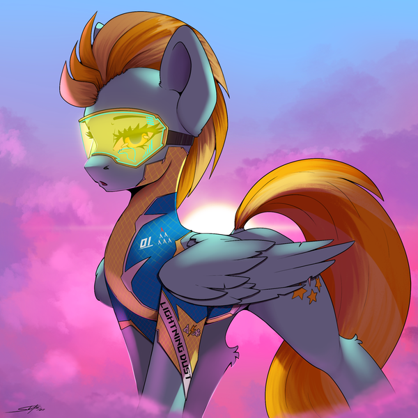 Size: 2048x2048 | Tagged: safe, alternate version, artist:kovoranu, artist:skitsniga, derpibooru import, lightning dust, pegasus, pony, wonderbolts academy, clothes, collaboration, dock, ear fluff, female, goggles, image, leg fluff, mare, png, solo, tail, uniform, wings, wonderbolt trainee uniform