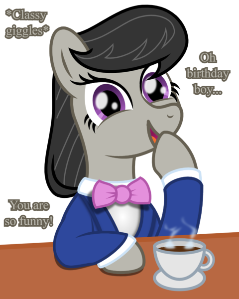 Size: 800x1000 | Tagged: safe, artist:favitwink, derpibooru import, octavia melody, earth pony, pony, :d, animated, animated png, birthday, blinking, bowtie, bust, commission, cup, female, food, gift art, giggling, happy, hoof over mouth, image, looking at you, loop, mare, necktie, open mouth, open smile, perfect loop, plate, png, simple background, sitting, smiling, solo, steam, table, transparent background, your character here