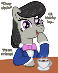 Size: 800x1000 | Tagged: safe, artist:favitwink, derpibooru import, octavia melody, earth pony, pony, :d, animated, animated png, birthday, blinking, bowtie, bust, commission, cup, female, food, gift art, giggling, happy, hoof over mouth, image, looking at you, loop, mare, necktie, open mouth, open smile, perfect loop, plate, png, simple background, sitting, smiling, solo, steam, table, transparent background, your character here