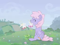 Size: 2732x2048 | Tagged: safe, artist:mandumustbasukanemen, derpibooru import, rainbowshine, pony, eyes closed, female, flower, hill, image, jpeg, mare, scenery, sitting, sniffing, solo