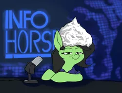 Size: 1300x1000 | Tagged: safe, artist:rocket-lawnchair, derpibooru import, oc, oc:anonfilly, unofficial characters only, earth pony, pony, female, filly, hat, image, lidded eyes, looking at you, mare, microphone, png, qanon, shitposting, smug, solo, tinfoil hat