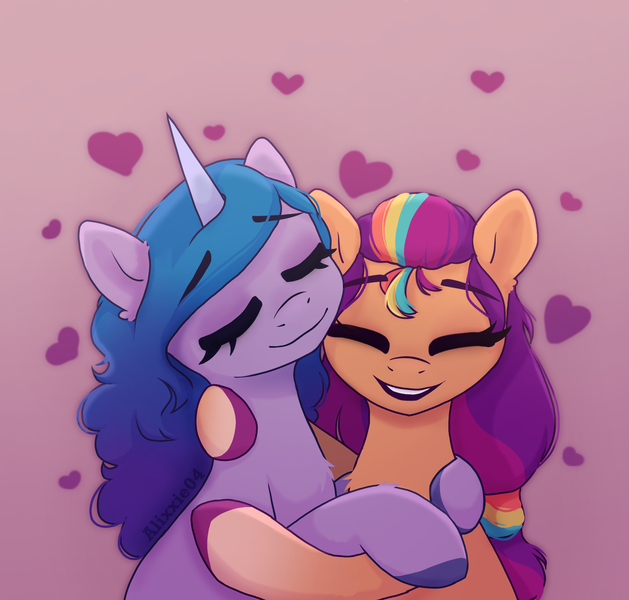 Size: 1950x1860 | Tagged: safe, artist:_alixxie_, derpibooru import, izzy moonbow, sunny starscout, earth pony, pony, unicorn, coat markings, cute, duo, duo female, female, g5, gradient background, heart, hug, image, izzybetes, izzyscout, lesbian, mare, png, shipping, socks (coat marking), sunnybetes