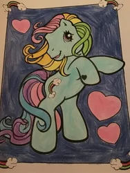 Size: 2448x3264 | Tagged: safe, artist:maddiedraws5678, derpibooru import, rainbow dash (g3), earth pony, pony, bipedal, blue background, colored, coloring page, cute, female, g3, g3 dashabetes, heart, hoof heart, image, jpeg, mare, rainbow, rearing, simple background, smiling, solo, traditional art