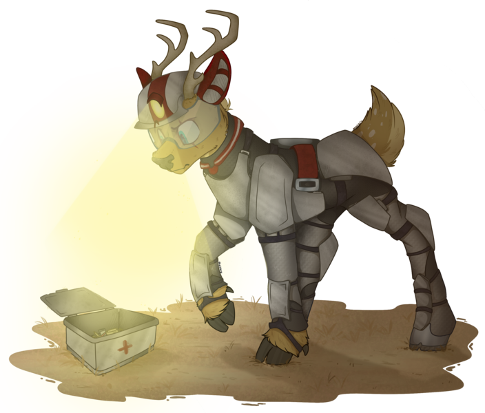 Size: 2700x2300 | Tagged: safe, artist:molars, derpibooru import, oc, unofficial characters only, deer, fallout equestria, antlers, armor, ashes town, chestplate, cloven hooves, commission, deer oc, fallout equestria oc, fluffy tail, headlamp, helmet, image, lighting, medkit, non-pony oc, png, raised eyebrow, simple background, solo, tail, transparent background