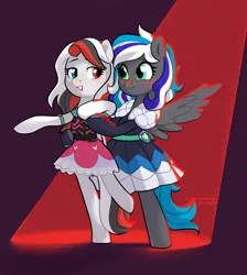 Size: 2600x2900 | Tagged: safe, artist:always inspired by flying, derpibooru import, oc, oc:flaming dune, oc:rebel dragonfury, unofficial characters only, pegasus, pony, bipedal, blood moon, blushing, clothes, cute, dancing, dress, duo, duo female, female, freckles, full body, green eyes, heterochromia, holding hooves, image, looking at each other, looking at someone, love, mare, moon, multicolored mane, multicolored tail, open mouth, pegasus oc, png, red background, red light, shipping, simple background, spotlight, spread wings, standing, standing on one leg, tail, wings