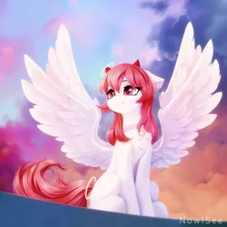 Size: 2500x2500 | Tagged: safe, artist:inowiseei, derpibooru import, oc, oc:distant sound, unofficial characters only, pegasus, pony, chest fluff, commission, cross, ear piercing, earring, female, four wings, halo, horns, image, jewelry, mare, multiple wings, piercing, png, sitting, solo, spread wings, star of david, wings