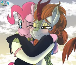 Size: 3500x3000 | Tagged: safe, artist:brainiac, derpibooru import, autumn blaze, pinkie pie, earth pony, kirin, pony, abstract background, autumnpie, clothes, collar, cute, fangs, female, hoodie, hug, image, lesbian, looking at each other, looking at someone, mare, one eye closed, png, shipping