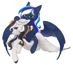 Size: 2521x2266 | Tagged: safe, artist:purrshen, derpibooru import, oc, oc:flaming dune, oc:storm cloud river's, unofficial characters only, pegasus, pony, biting, bust, clothes, cute, duo, duo female, ear bite, female, freckles, green eyes, image, looking at someone, looking at you, mare, multicolored mane, nom, pegasus oc, png, profile, scarf, simple background, smiling, smiling at you, spread wings, striped scarf, transparent background, wings