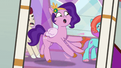 Size: 520x293 | Tagged: safe, derpibooru import, screencap, pipp petals, earth pony, pegasus, pony, mane melody, my little pony: tell your tale, spoiler:g5, spoiler:my little pony: tell your tale, spoiler:tyts01e05, spoiler:tyts01e21, about to fall, animated, female, g5, gif, headband, image, jazz (g5), jewelry, male, mare, my bananas, regalia, rocky (g5), solo focus, stage, stage light, stallion, trio