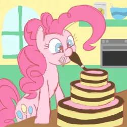 Size: 1500x1500 | Tagged: safe, artist:legendoflink, derpibooru import, pinkie pie, earth pony, pony, bowl, cake, chocolate, female, food, happy, heart, heart eyes, image, indoors, jpeg, looking at something, mare, mouth hold, oven, solo, window, wingding eyes