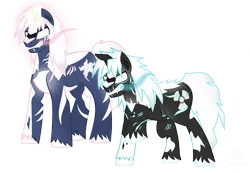 Size: 1280x888 | Tagged: safe, artist:ectttan, derpibooru import, ponified, kaiju, pony, unicorn, angry, brothers, burning, crooked horn, fanfic art, godzilla, godzilla (series), godzilla junior, horn, image, male, multiple horns, png, sibling, siblings, simple background, stallion, transparent background, tricorn, xenilla