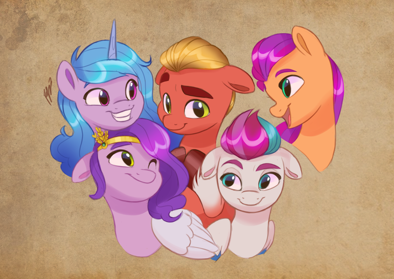 Size: 4961x3508 | Tagged: safe, artist:artharuhi, derpibooru import, izzy moonbow, pipp petals, sprout cloverleaf, sunny starscout, zipp storm, earth pony, pegasus, pony, unicorn, my little pony: a new generation, female, g5, image, izzysprout, looking at each other, looking at someone, lucky bastard, male, mare, one eye closed, pippsprout, png, shipping, shy, simple background, smiling, sprout gets all the mares, stallion, straight, sunnysprout, wink, zippsprout