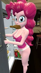 Size: 1080x1920 | Tagged: suggestive, artist:oatmeal!, derpibooru import, pinkie pie, bird, chicken, human, equestria girls, big breasts, breasts, busty pinkie pie, chicken meat, clothes, eating, food, image, kitchen, leaning forward, looking at you, meat, png, refrigerator, sexy, shocked, shocked expression, solo, surprised, underwear