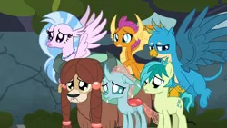 Size: 1920x1080 | Tagged: safe, derpibooru import, screencap, gallus, ocellus, sandbar, silverstream, smolder, yona, changedling, changeling, classical hippogriff, dragon, earth pony, gryphon, hippogriff, pony, yak, school daze, season 8, spoiler:s08, 1080p, 1920x1080, colt, cute, daaaaaaaaaaaw, diaocelles, diastreamies, dilated pupils, dragoness, female, floppy ears, flying, foal, frown, gallabetes, hnnng, image, male, png, sad, sadorable, sandabetes, smolderbetes, spread wings, student six, wavy mouth, weapons-grade cute, wings, yonadorable