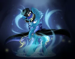 Size: 2472x1965 | Tagged: safe, artist:adelfrey, derpibooru import, oc, oc:wondermint, unofficial characters only, pony, unicorn, icey-verse, cape, clothes, commission, female, glow, glowing horn, hat, horn, image, magic, magical lesbian spawn, mare, offspring, parent:minuette, parent:trixie, parents:minixie, playing card, png, raised hoof, solo, symbol, top hat, ych result