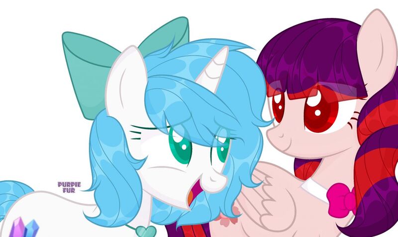 Size: 1280x762 | Tagged: safe, artist:hoochuu, derpibooru import, oc, unofficial characters only, pegasus, pony, unicorn, base used, bowtie, commission, duo, eyelashes, female, horn, image, jpeg, looking back, mare, pegasus oc, simple background, smiling, unicorn oc, white background, wings, ych result