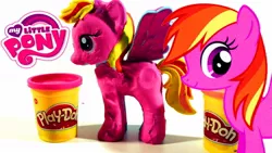 Size: 1280x720 | Tagged: safe, artist:play-doh world, derpibooru import, feathermay, pegasus, pony, cute, featherdorable, female, g4, image, jpeg, logo, mare, multicolored hair, multicolored mane, multicolored tail, my little pony logo, play-doh, rainbow dash style salon, smiling, solo, tail, toy, youtube link