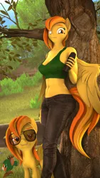Size: 2160x3840 | Tagged: safe, artist:donglysfm, derpibooru import, spitfire, anthro, pegasus, 3d, abs, alternate hairstyle, anthro ponidox, aviator sunglasses, belly button, clothes, denim, image, jeans, looking at you, midriff, outdoors, pants, png, revamped anthros, self paradox, self ponidox, source filmmaker, sunglasses, tanktop, tree, water bottle, watermark