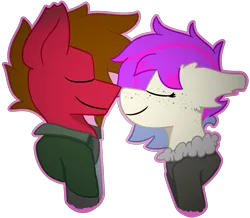 Size: 1775x1550 | Tagged: safe, artist:grandfinaleart, derpibooru import, oc, oc:grand finale, oc:molars, unofficial characters only, pegasus, pony, fallout equestria, blue hair, blue mane, bomber jacket, boop, brown hair, brown mane, bust, clothes, couple, dating, digital art, duo, duo male and female, facial hair, female, goatee, image, jacket, male, mare, noseboop, pegasus oc, pink hair, pink mane, png, portrait, purple hair, purple mane, red fur, shirt, simple background, smiling, stallion, torn ear, transparent background, wings