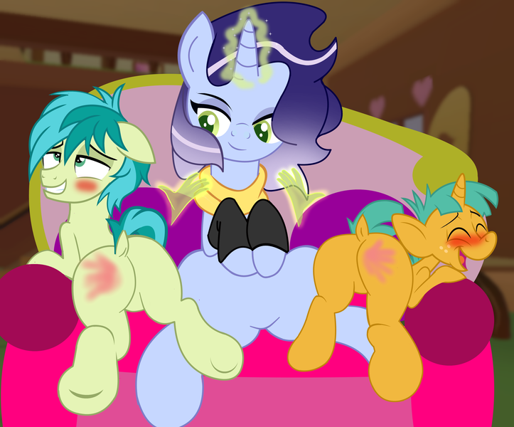 Size: 3494x2900 | Tagged: questionable, alternate version, artist:succubi samus, derpibooru import, sandbar, snails, oc, oc:flux moon-mist, earth pony, pony, unicorn, ass, bedroom eyes, blushing, blushing profusely, butt, canon x oc, couch, cougar, crotchboobs, female, foalcon, freckles, glow, glowing horn, horn, image, implied orgasm, magic, male, nudity, open mouth, png, raised tail, rear view, sandbutt, show accurate, show accurate porn, smiling, snailbutt, spank mark, spanking, tail, tongue out, underage